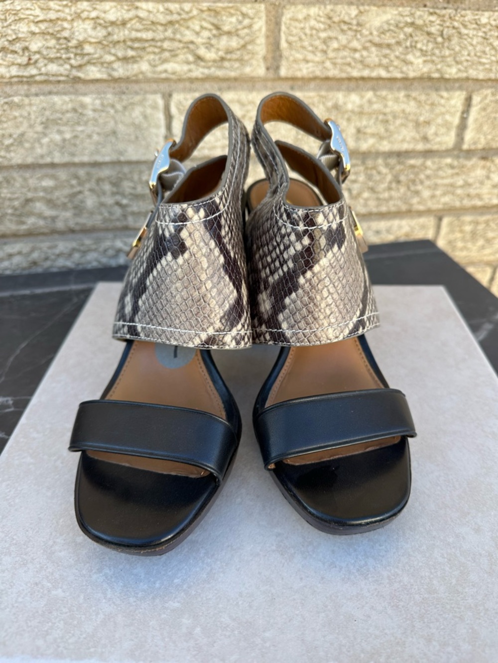 COACH BETSY MAT CALF/LUX SNAKE BLACK NATURAL SANDALS Open Toe Heels Sz 7 - Picture 5 of 10